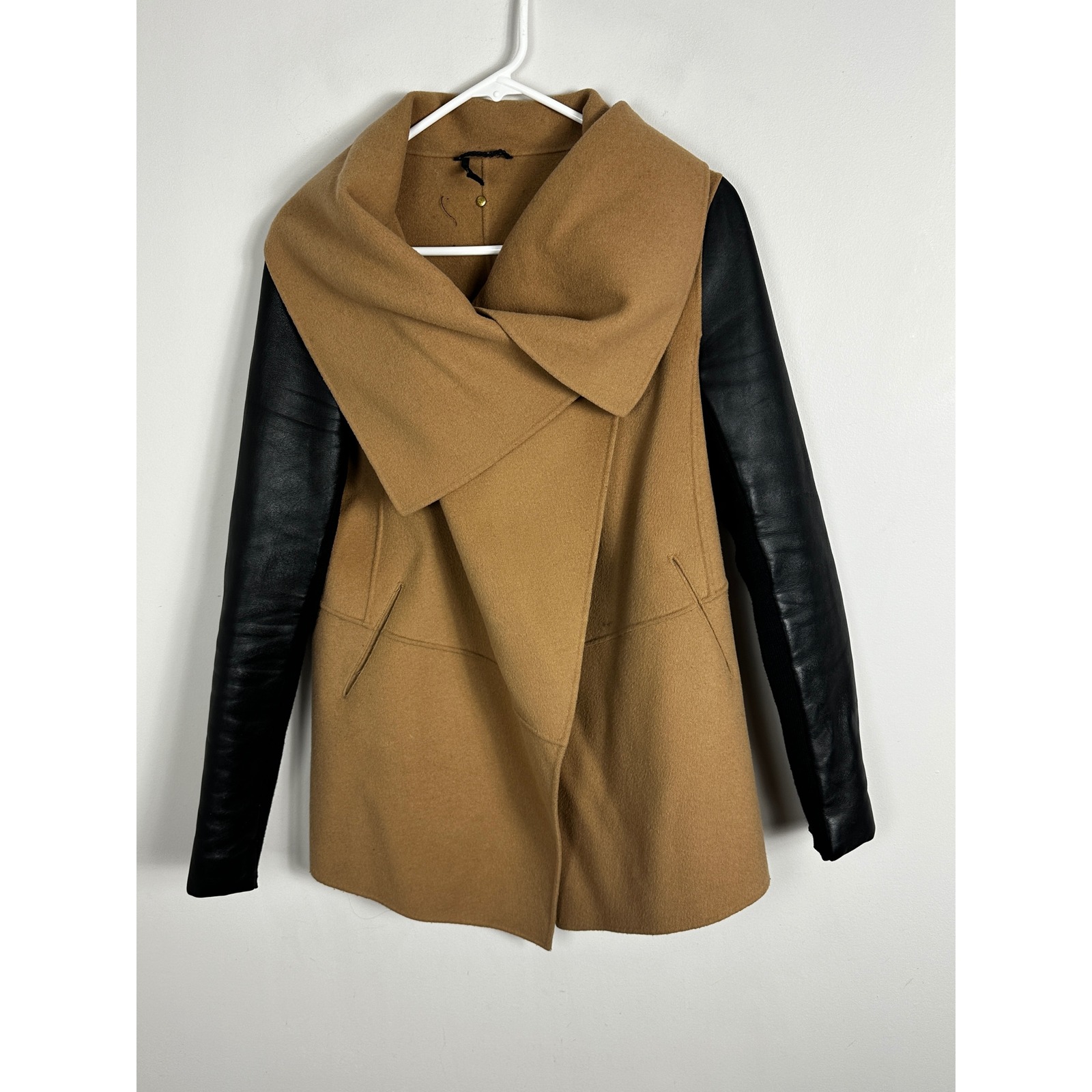 Mackage Vane Draped Wrap Leather Asymmetric Wool Coat Camel Black Womens Medium